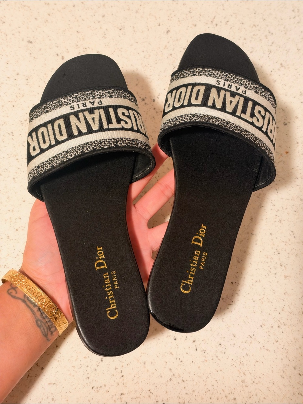 Dior Black Slide Sandals with Cream Logo Band